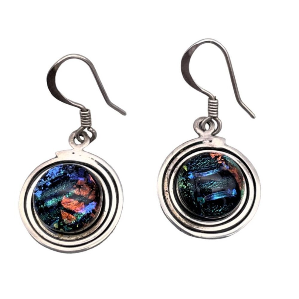 925 Sterling Silver Round Dichroic Glass Dangle Drop Earring Hook Closure